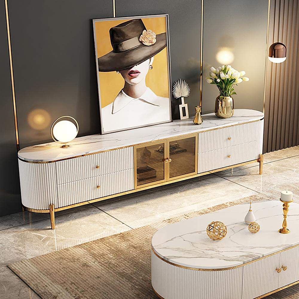 Modern White TV Stand with Oval Faux Marble Top & Tempered Glass Doors Media Console-Richsoul-Furniture,Living Room Furniture,TV Stands