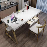 55" Rectangular White Computer Desk with Drawer and Shelf Gold Leg-Desks,Furniture,Office Furniture