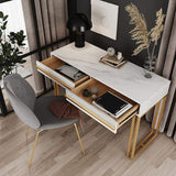 47" Rectangular White Office Desk with Drawers Marble Veneer Top Gold Hardware-Desks,Furniture,Office Furniture