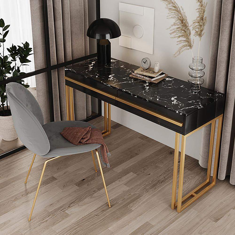 47" Rectangular White Office Desk with Drawers Marble Veneer Top Gold Hardware-Desks,Furniture,Office Furniture