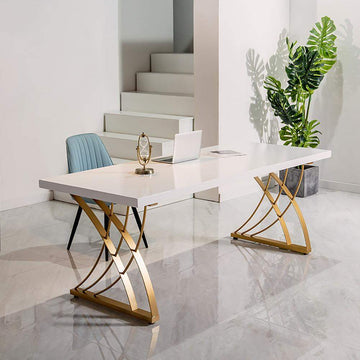 47" Modern White Rectangular Home Office Desk with Pine Wood Table Top & Gold Frame-Desks,Furniture,Office Furniture