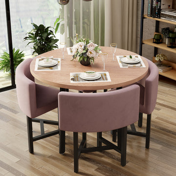 40" Round Wooden Small Dining Table Set of 4 Pink Upholstered Chairs for Nook Balcony