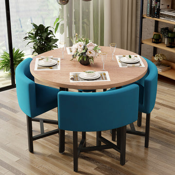 40" Round Wooden 4 Person Dining Table with Blue Upholstered Chairs Set for Nook Balcony