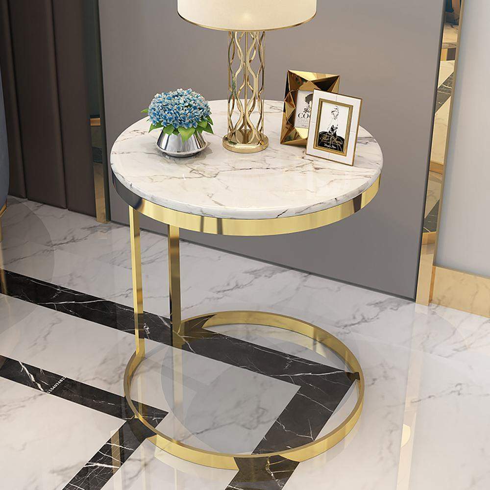 Black Round Marble Side Table with Gold Stainless Steel Frame-End & Side Tables,Furniture,Living Room Furniture