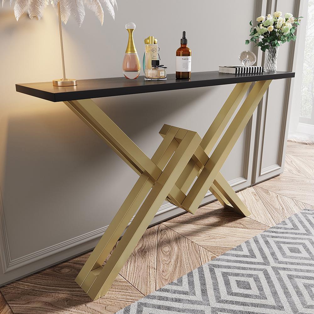 Black & Gold Narrow Console Table Accent Table For Entryway X Base Metal in Small