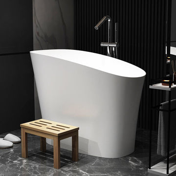 47" Modern Oblique Deep Freestanding Matte White Stone Resin Japanese Soaking Bathtub