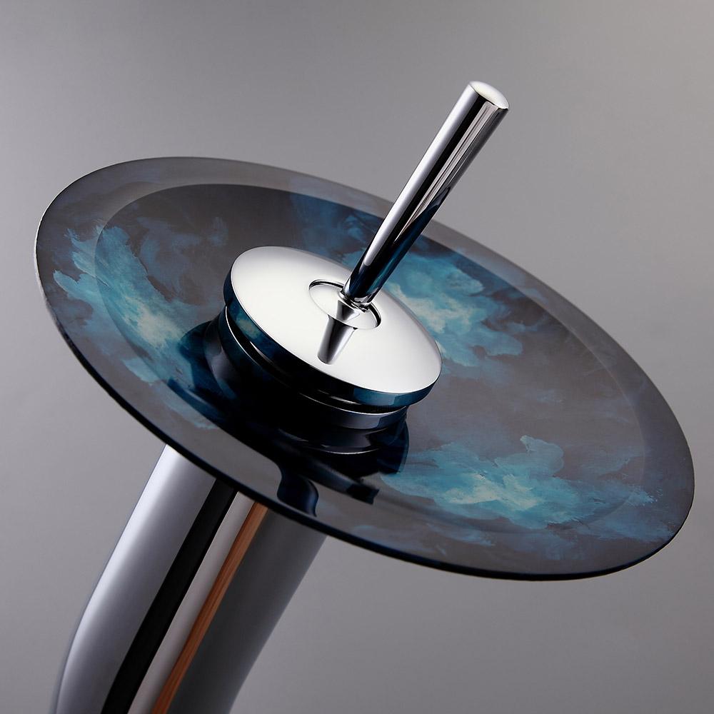 Dark Blue Tempered Glass Circular Vessel Sink Waterfall Faucet Set Pop-Up Drain Included