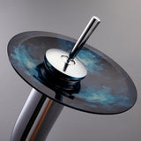 Dark Blue Tempered Glass Circular Vessel Sink Waterfall Faucet Set Pop-Up Drain Included