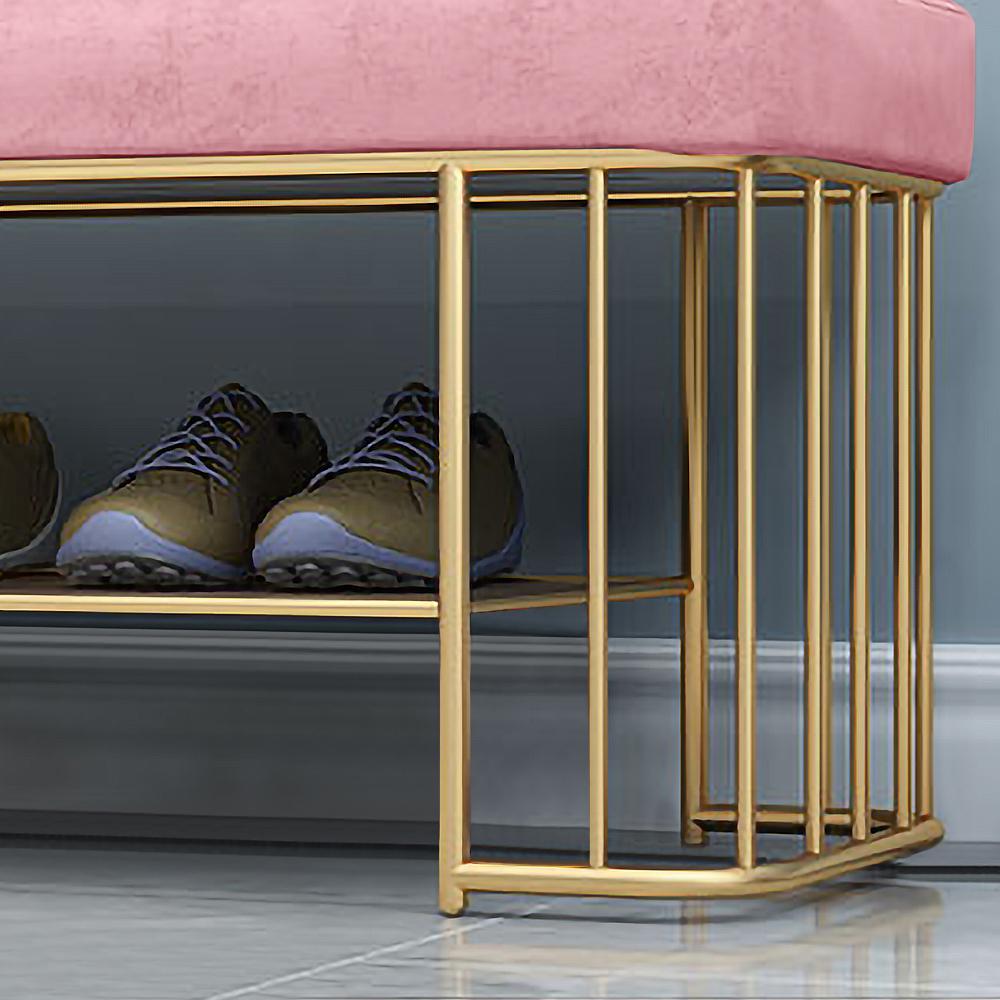 Modern Gray Storage Bench Entryway Bench Velvet Upholstered with Golden Frame & Shelves