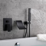 Modern Waterfall Wall-Mount Tub Filler Faucet Single Handle & Handshower in Matte Black