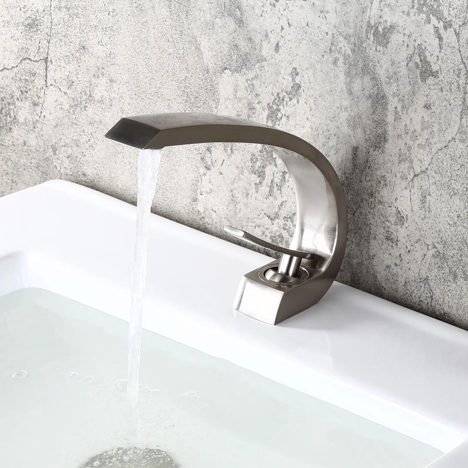 Modern Single Hole 1-Handle C-Shaped Curved Spout Bathroom Sink Faucet with Pop Up Drain in Brushed Nickel