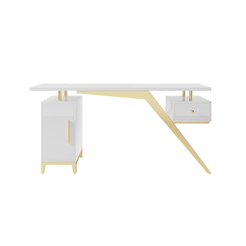 55" Ultra Modern White and Gold Computer Writing Desk with Storage & Drawer