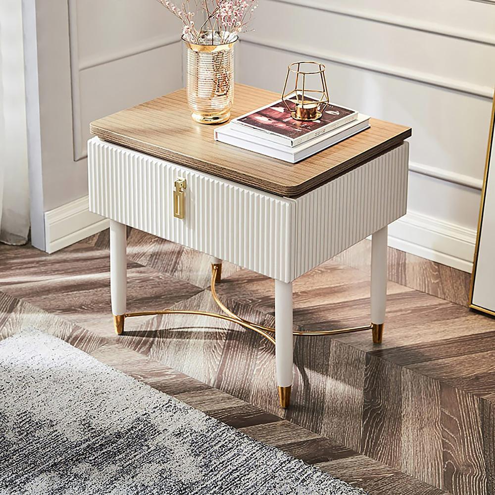 Modern White Nightstand Contemporary Wood Nightstand Bedside Table with Drawer in Gold