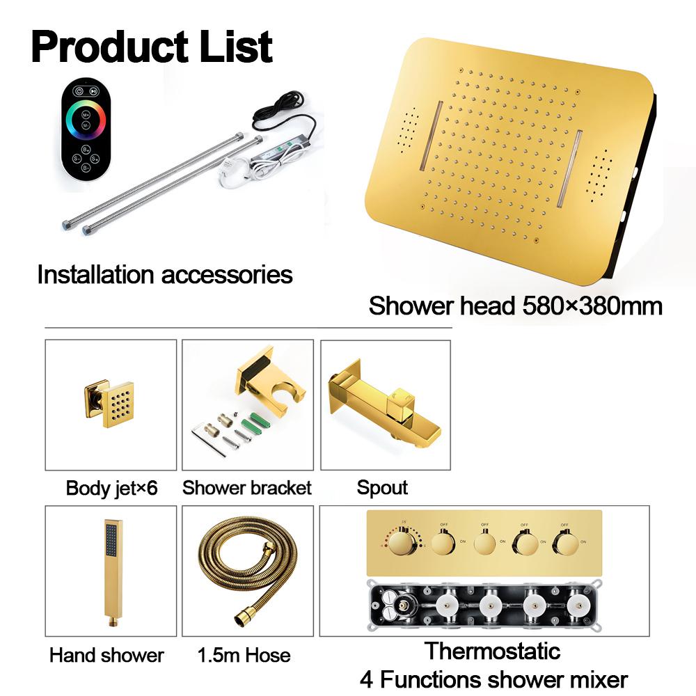 Wall-Mounted 23" Thermostatic Shower System in Gold 4 Functions