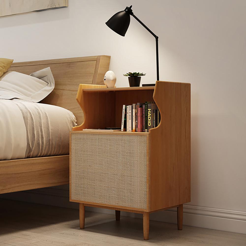 Nordic Nightstand 1-Shelf Wooden Bedside Table with Rattan Woven Door in Natrual