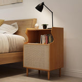 Nordic Nightstand 1-Shelf Wooden Bedside Table with Rattan Woven Door in Natrual