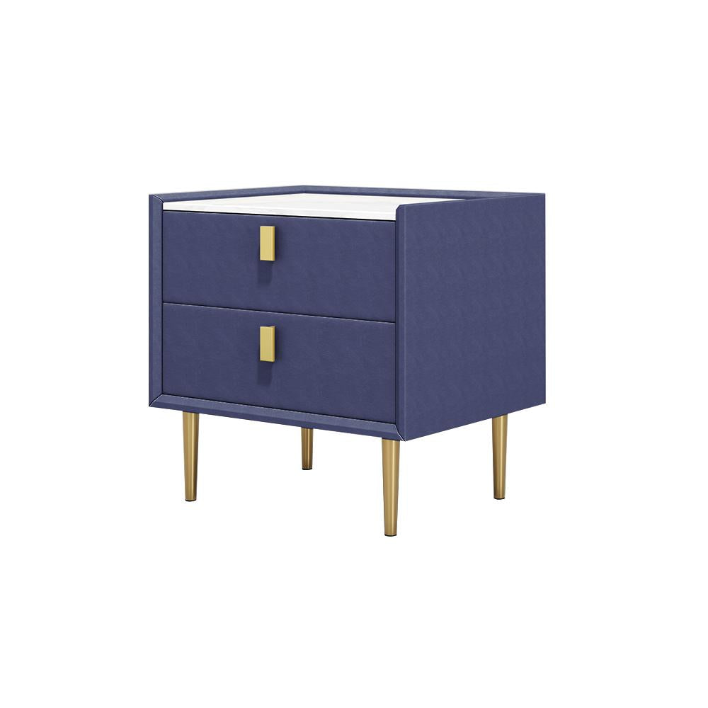 Modern 2 Drawers PU Leather Bedside Table Nightstand with Gold Metal Legs