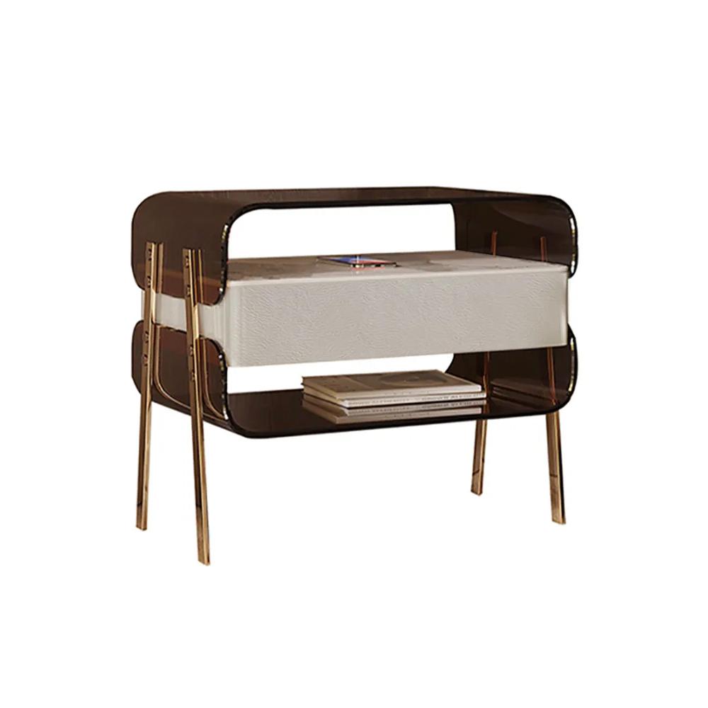 Modern Lighted Brown Nightstand with Wireless Charging Station Acrylic Bedside Table