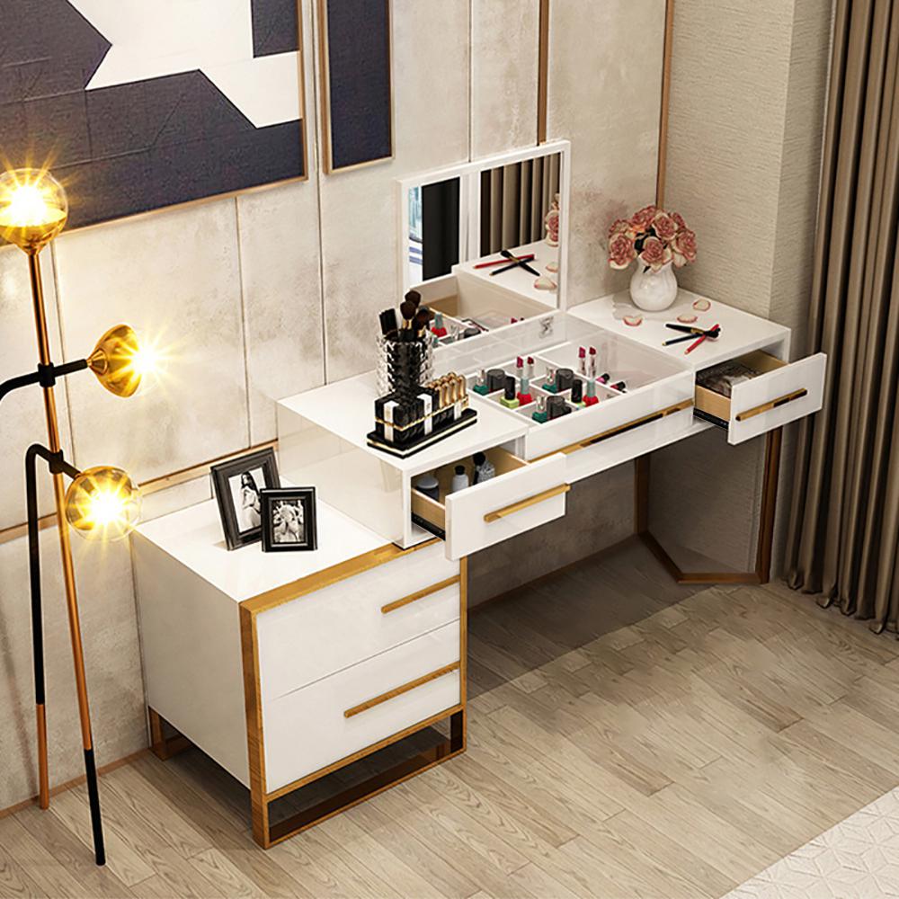 White Makeup Vanity with Flip Top Mirror & Side Cabinet and Drawers Golden Legs