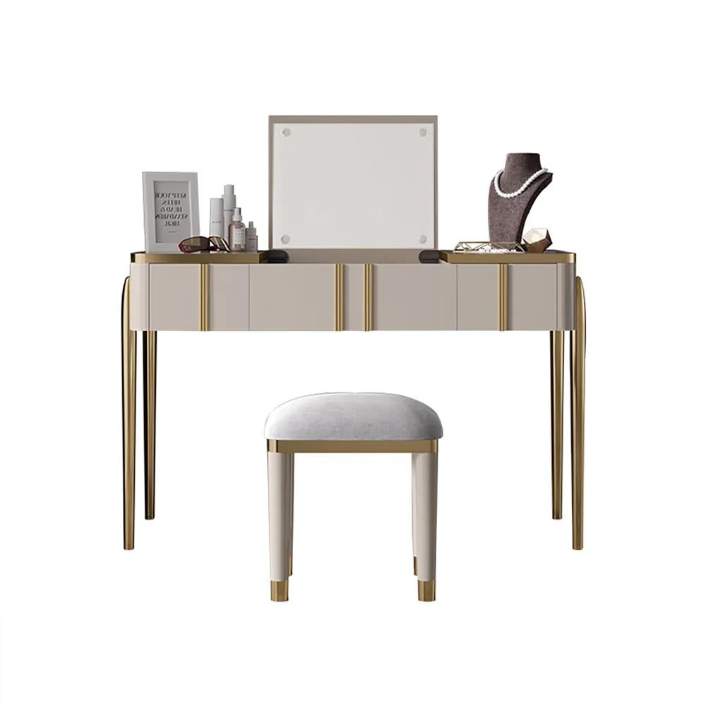 Champagne Makeup Vanity Mirror & Stool included with Flip Top 2-Drawer Dressing Table