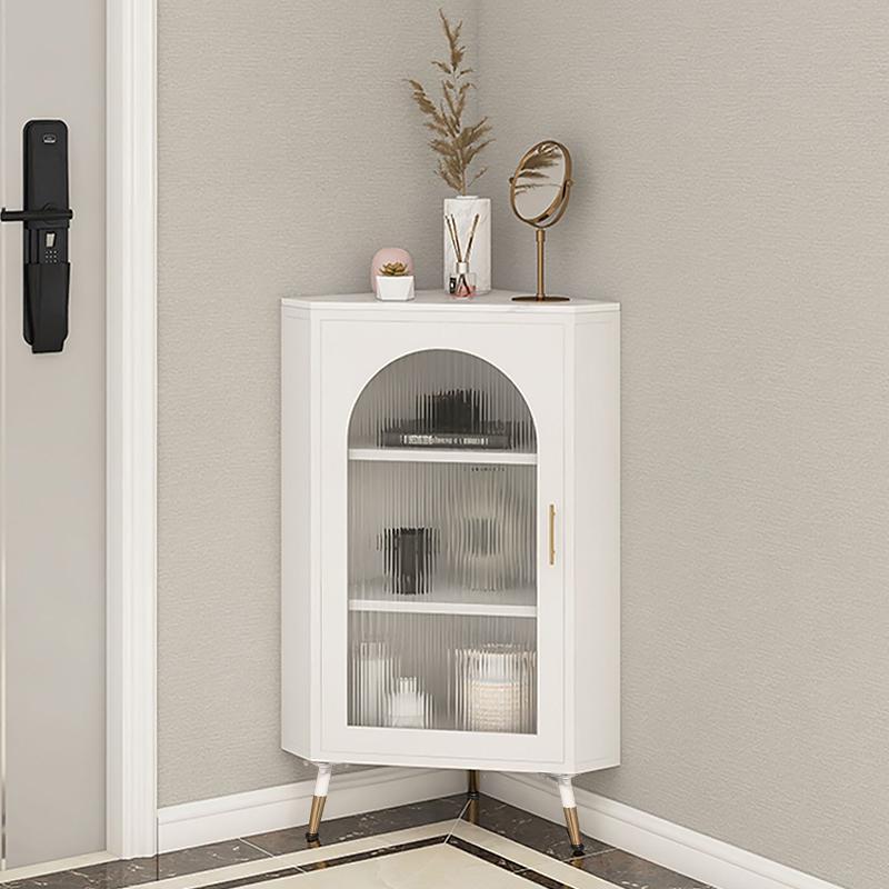 Modern White Corner Floor Display Cabinet with Storage & Glass Door & Faux Marble Top