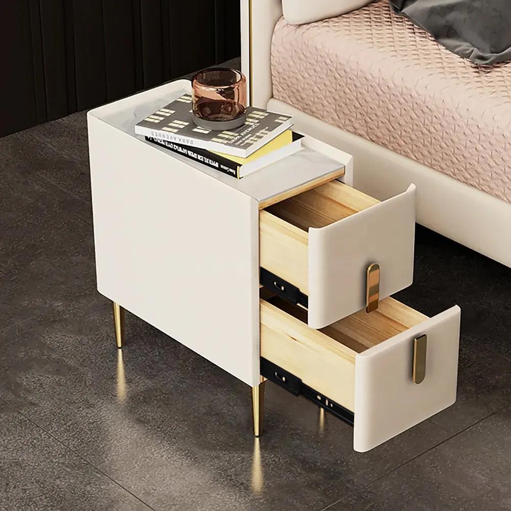 Beige Bedroom Nightstand Storage Bedside Table with 2 Drawers in Gold Legs