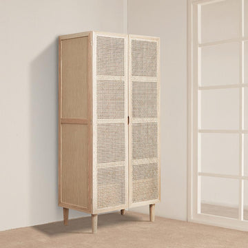 Cottage 2-Door Rattan Closet with Hidden Drawer Natural Woven Cabinet Ash