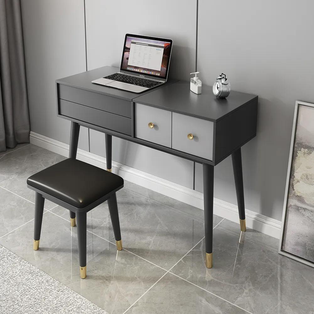 Classic Walnut Makeup Vanity Set with Flip-top Mirror & Stool
