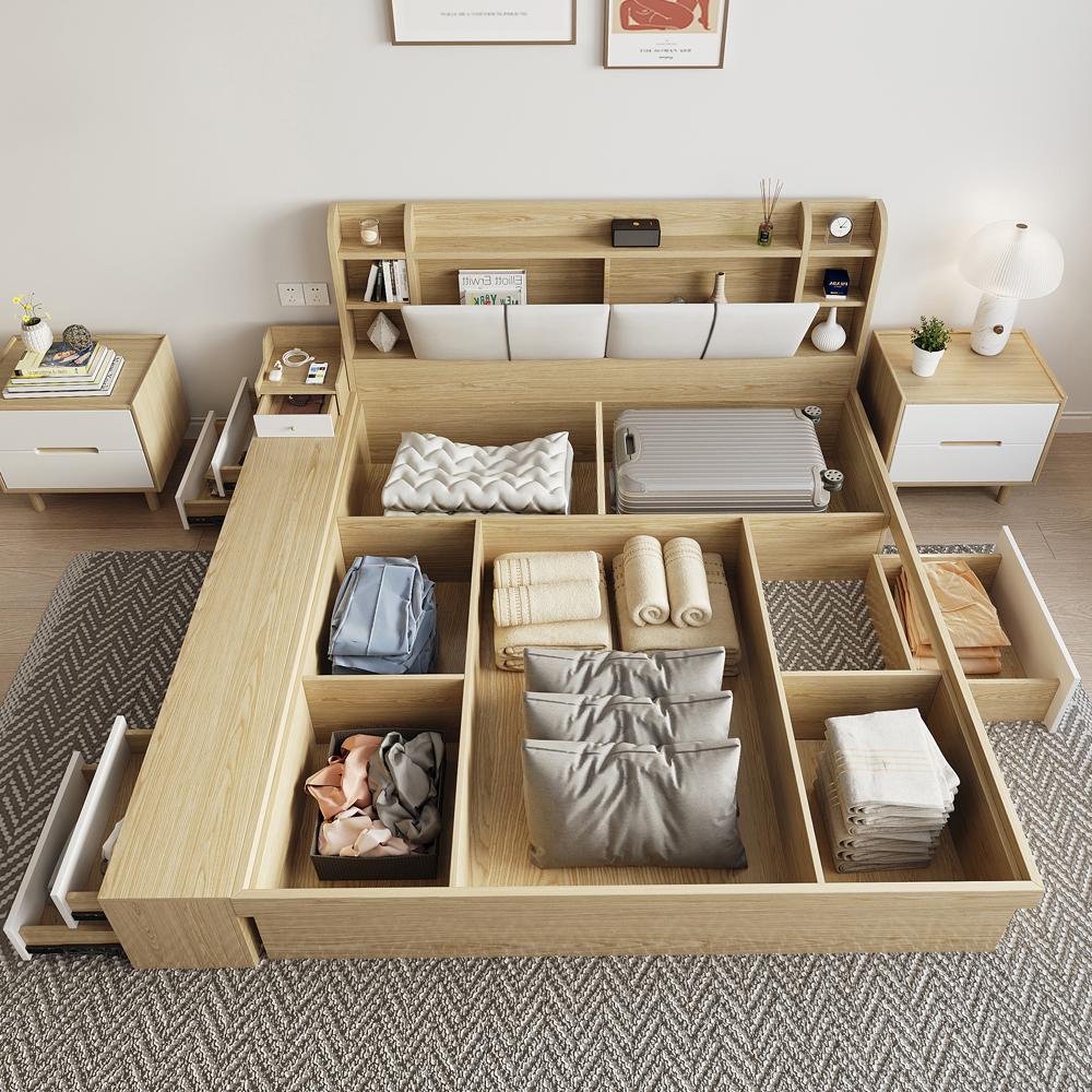 Multi-Storage Cal King Ottoman Bed with Drawers and Bookcase Headboard