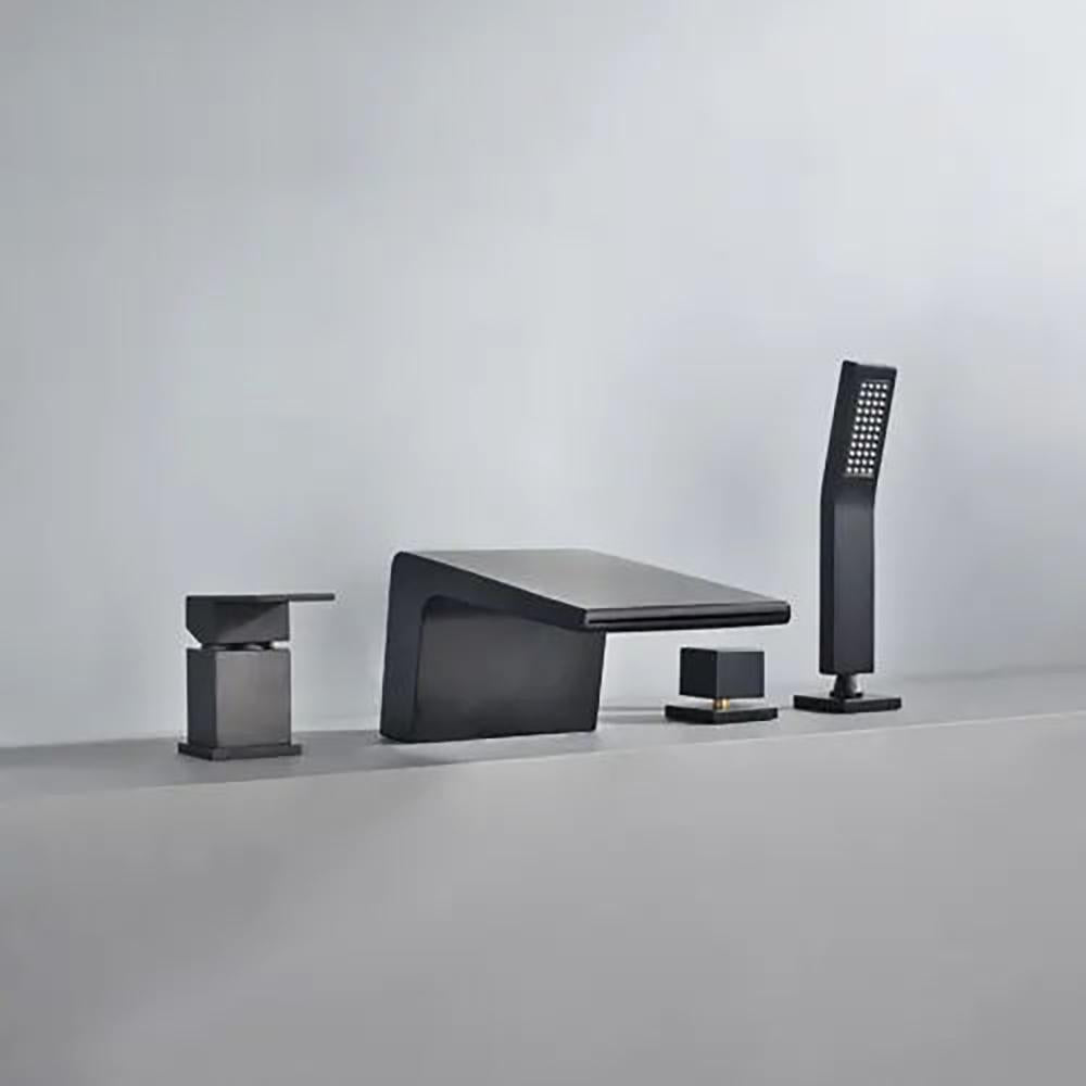 Waterfall Deck-Mount Roman Tub Faucet with Handshower in Brushed Gold