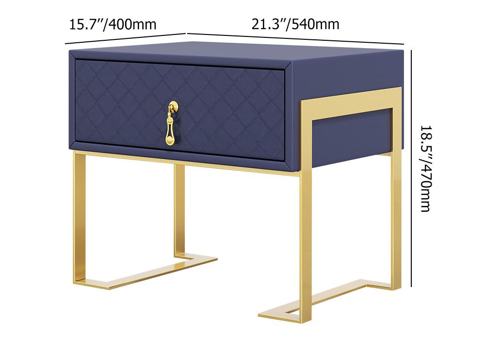 Modern Nightstand with Drawer, PU Leather in Deep Blue, Gold Leg