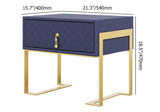 Modern Nightstand with Drawer, PU Leather in Deep Blue, Gold Leg