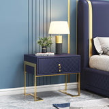Modern Nightstand with Drawer, PU Leather in Deep Blue, Gold Leg