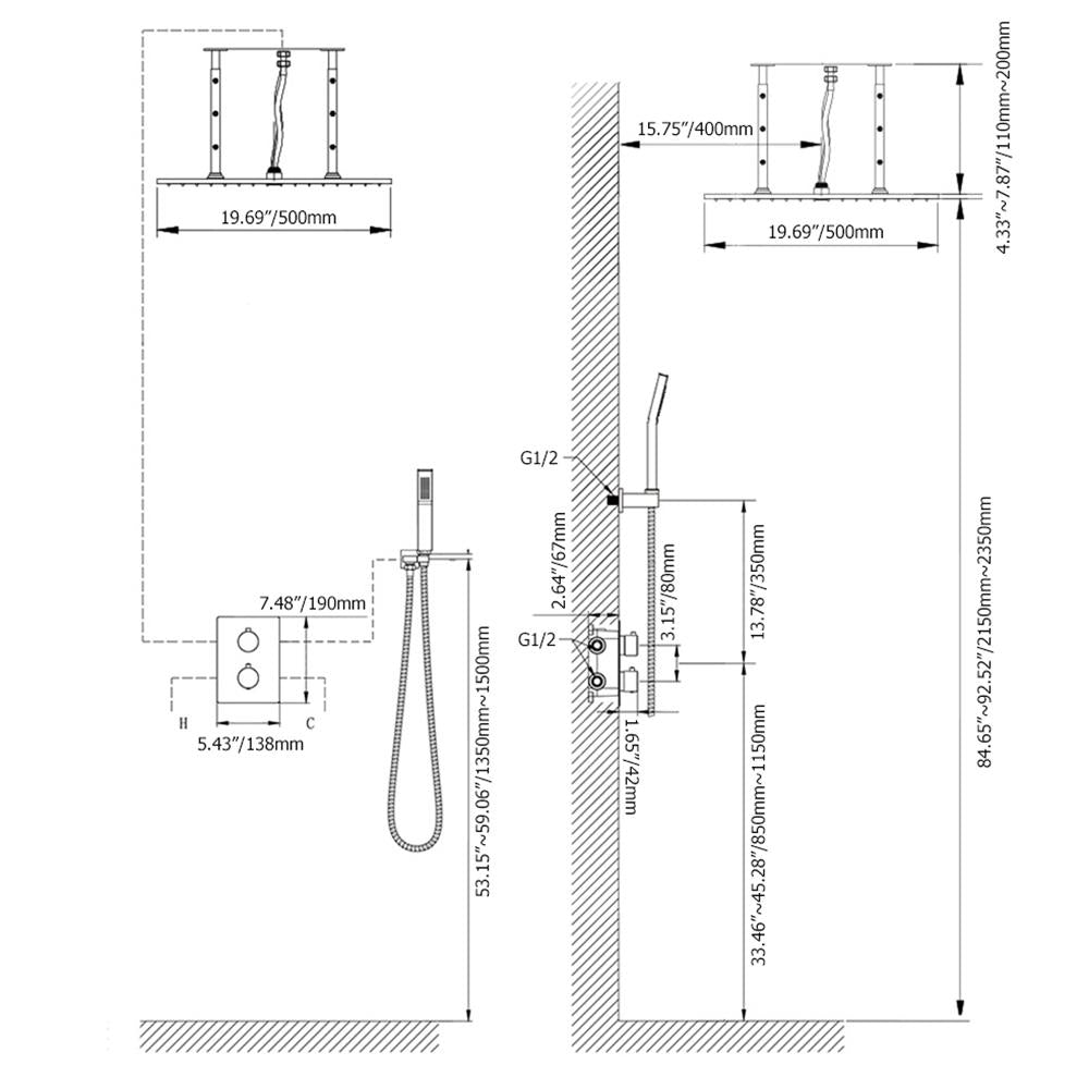 16" Thermostatic Shower System with Handheld Shower in Matte Black Solid Brass