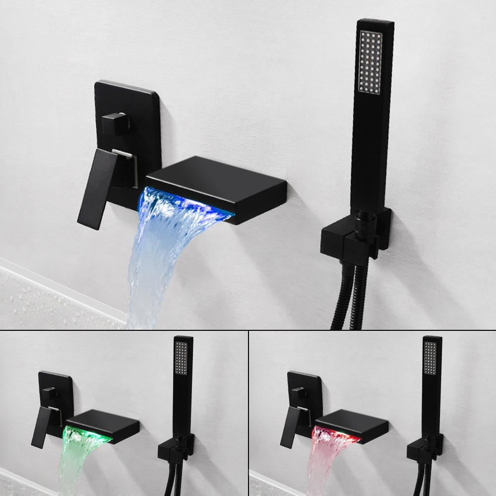 Contemporary Wall-Mount LED Waterfall Matte Black Bathtub Filler Faucet with Hand Shower