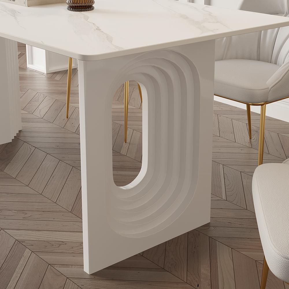 63" Modern Dining Table White Faux Marble Top for 6 Person Double Pedestal Base