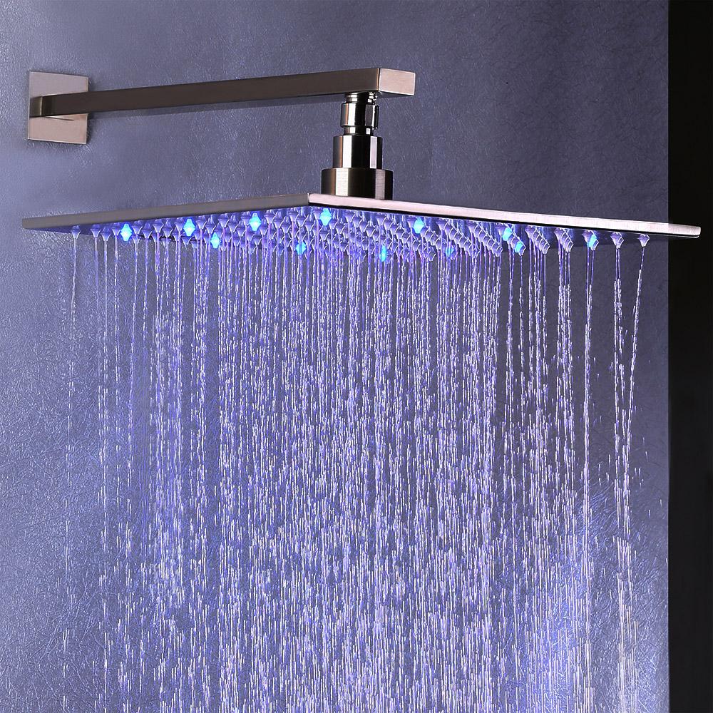 Dree Modern 12" Wall Mount LED Square Showerhead & Hand Shower System in Brushed Nickel
