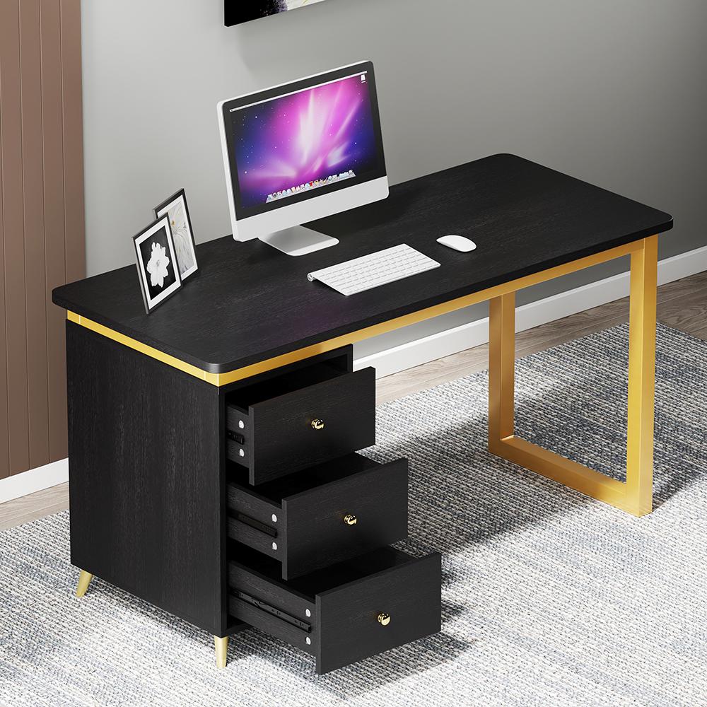 Modern 55" Wooden Home Office White Computer Desk with 3 Drawers & Side Cabinet in Gold