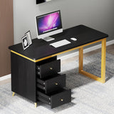 Modern 55" Wooden Home Office White Computer Desk with 3 Drawers & Side Cabinet in Gold
