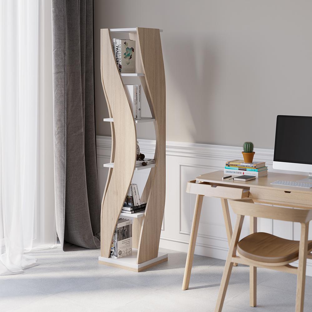 5-Tier Geometric Bookshelf Curved Shape Industrial Bookcase in Walnut & Black Rotating