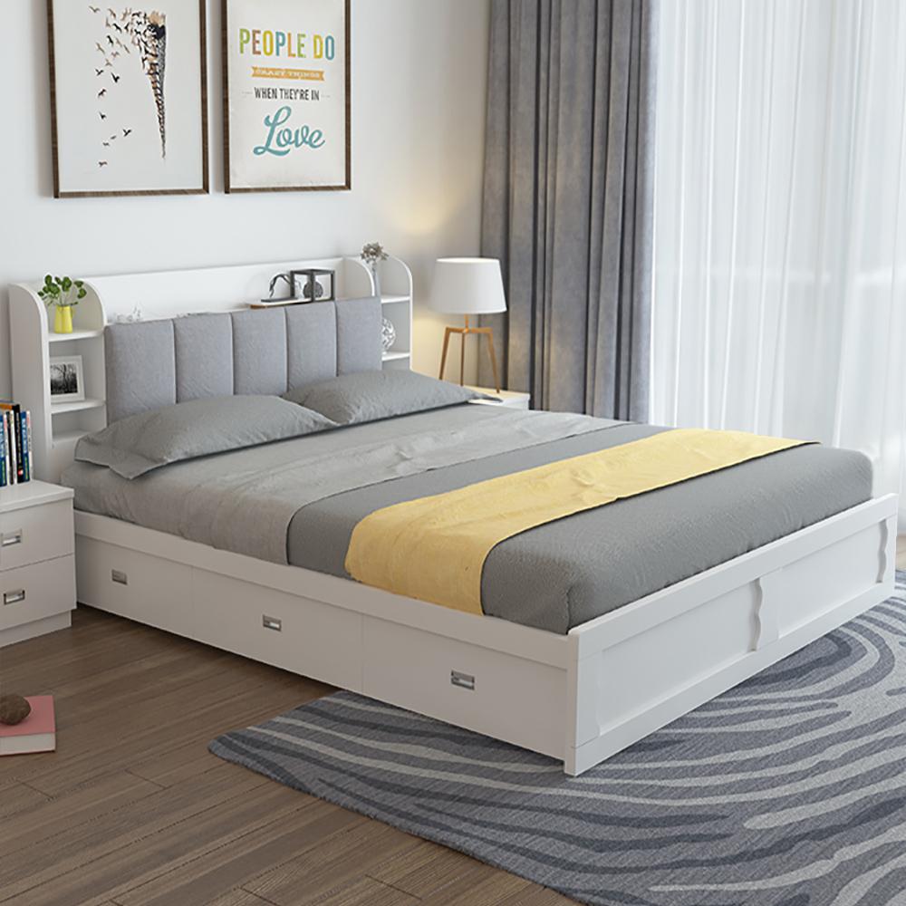 Modern White Storage Bed Low Profile Queen Bed with 3 Drawers