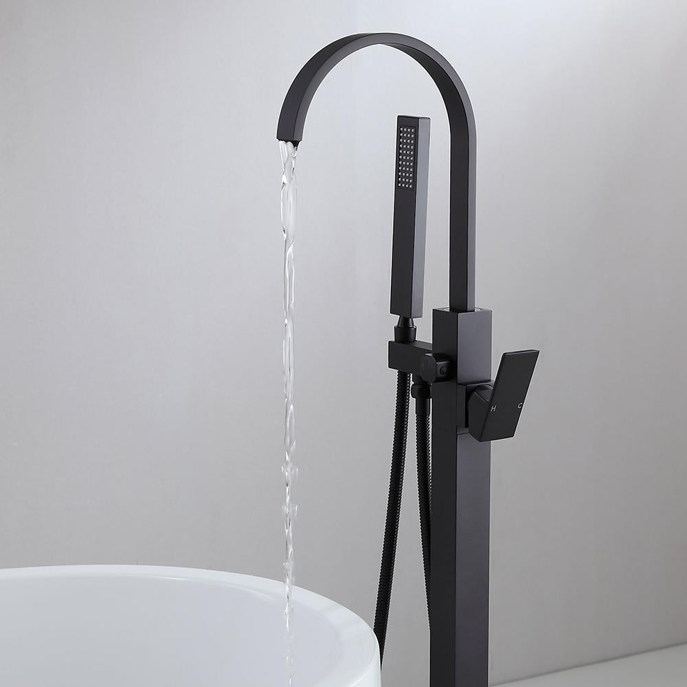 Freestanding Matte Black Bathtub Filler Faucet and Handheld Shower with High-Arc Spout