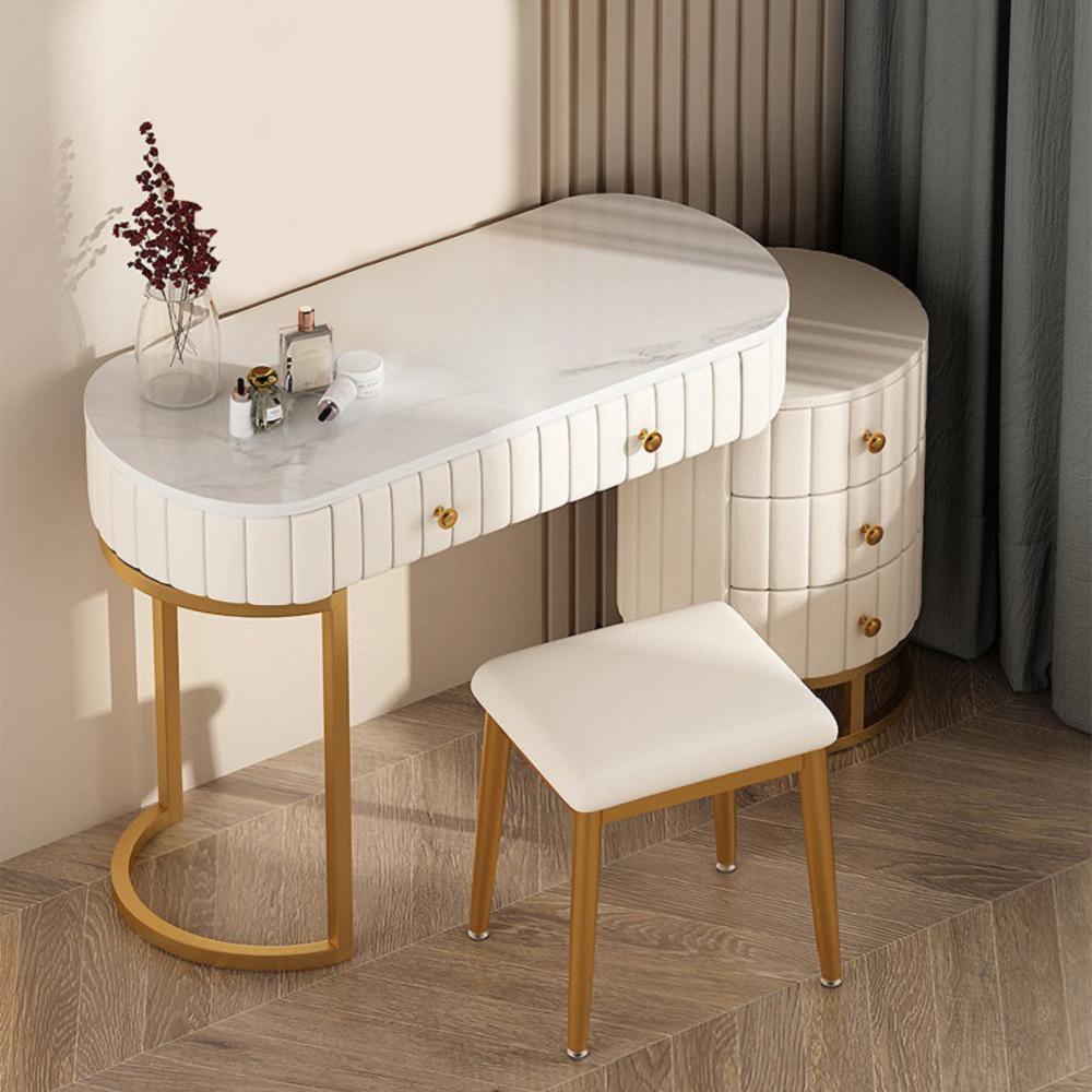 Modern White Makeup Vanity Expandable Upholstered Dressing Table with 5 Drawers in Gold