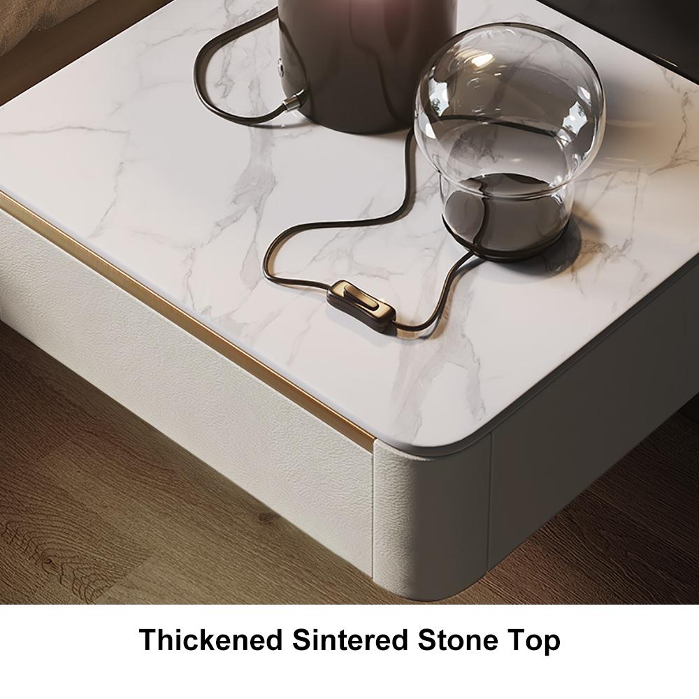 Modern White Floating Nightstand 1 Drawer Bedside Table with Sintered02Stone Top