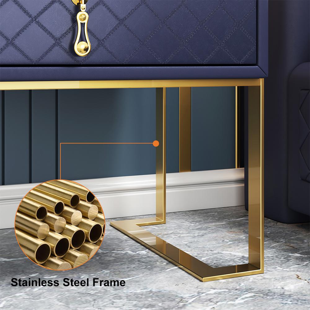 Modern Nightstand with Drawer, PU Leather in Deep Blue, Gold Leg