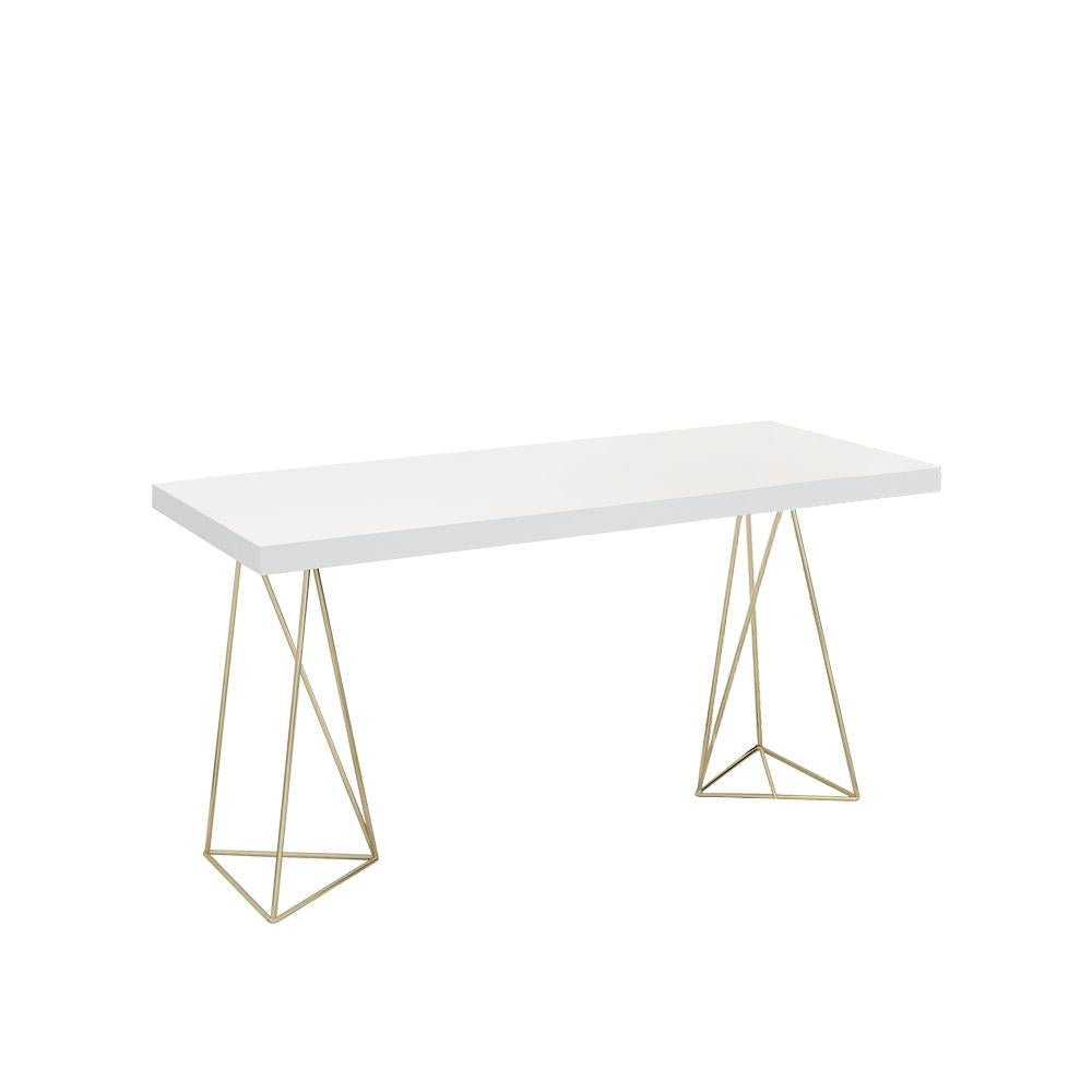39" White Rectangular Wood-Top Writing Desk for Home Office with 2 Gold Pedestal