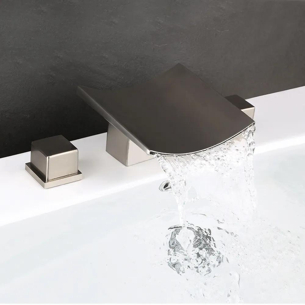 Grop Brushed Gold Waterfall Widespread Bathroom Sink Faucet Double Handle