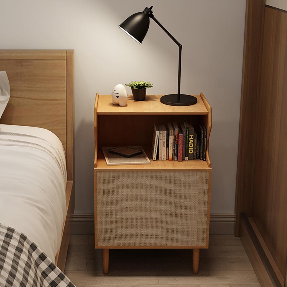 Nordic Nightstand 1-Shelf Wooden Bedside Table with Rattan Woven Door in Natrual