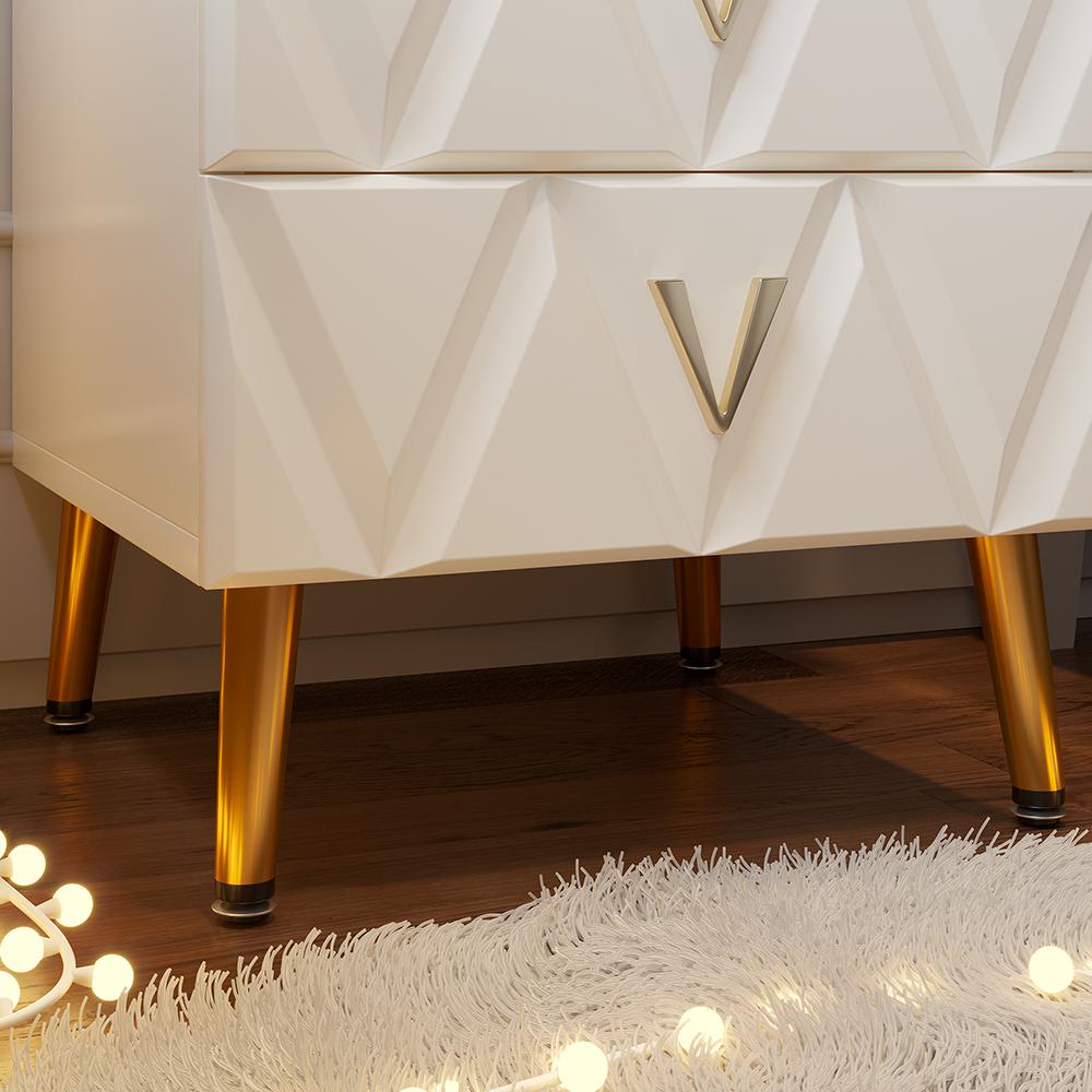 Nordic White Nightstand 3-Drawer Bedside Table V-Shaped Facet & Gold Pulls in Large