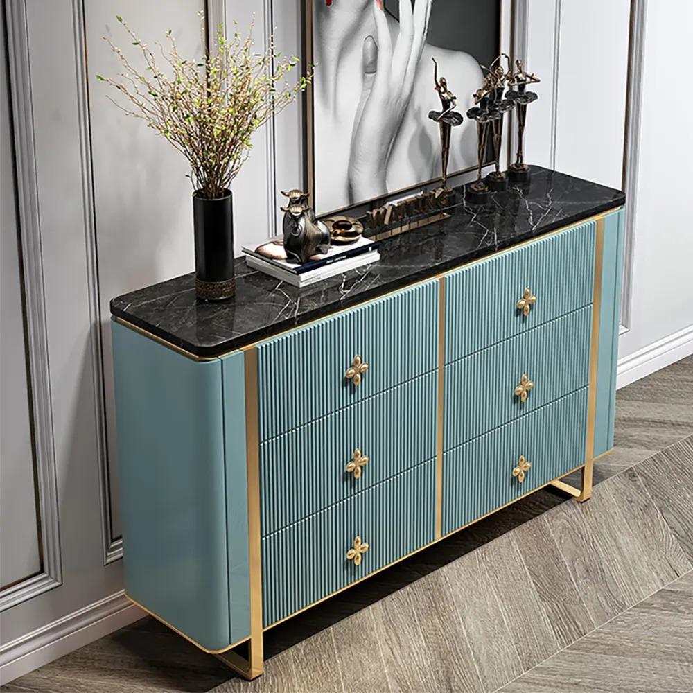 47" Modern Blue Dresser Faux Marble Top Cabinet with 6 Drawers in Gold
